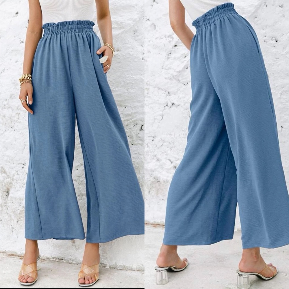 High waisted flared wide leg cropped pants shirred boho khaki tan - Picture 4 of 6